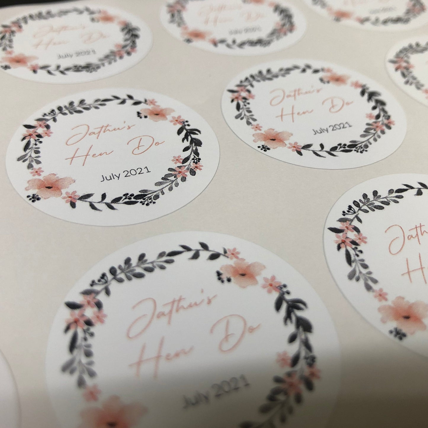 Pale Rose Gold Flowers wreath | HEN PARTY Stickers I Personalised Bridesmaid Wedding