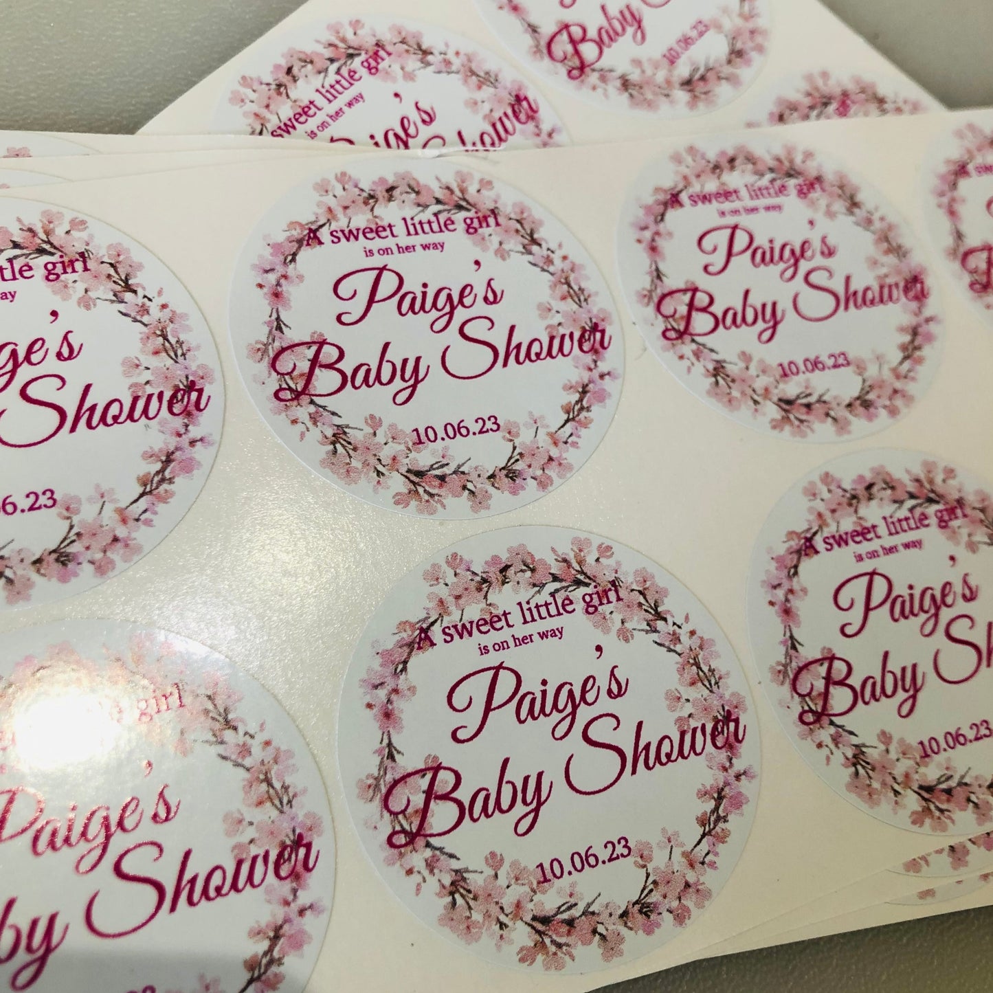 Cherry Blossom Baby Shower Stickers I Customisable text date name I Thank you favours labels