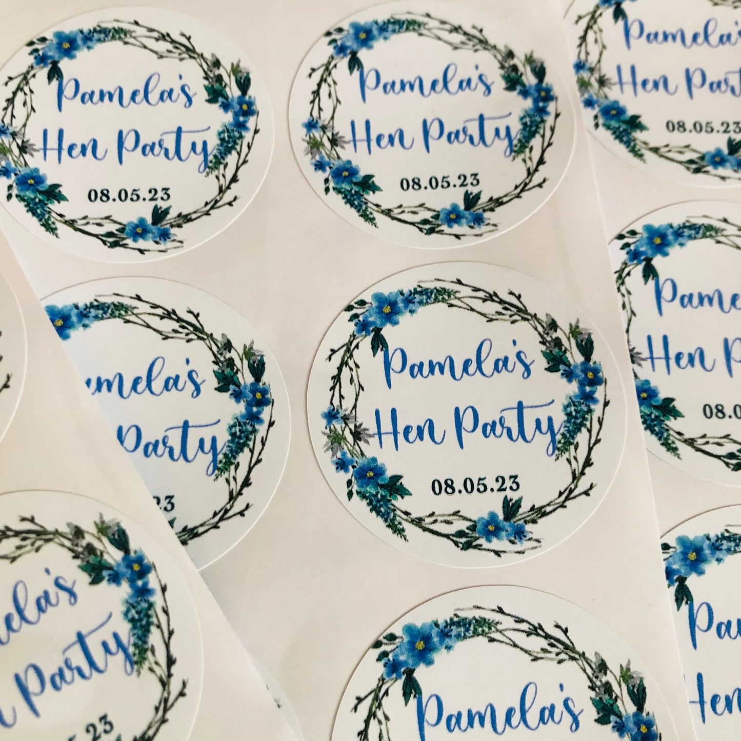 Blue & Green Forget-me-not floral wreath Stickers I Birthday Engagement Wedding | Personalised