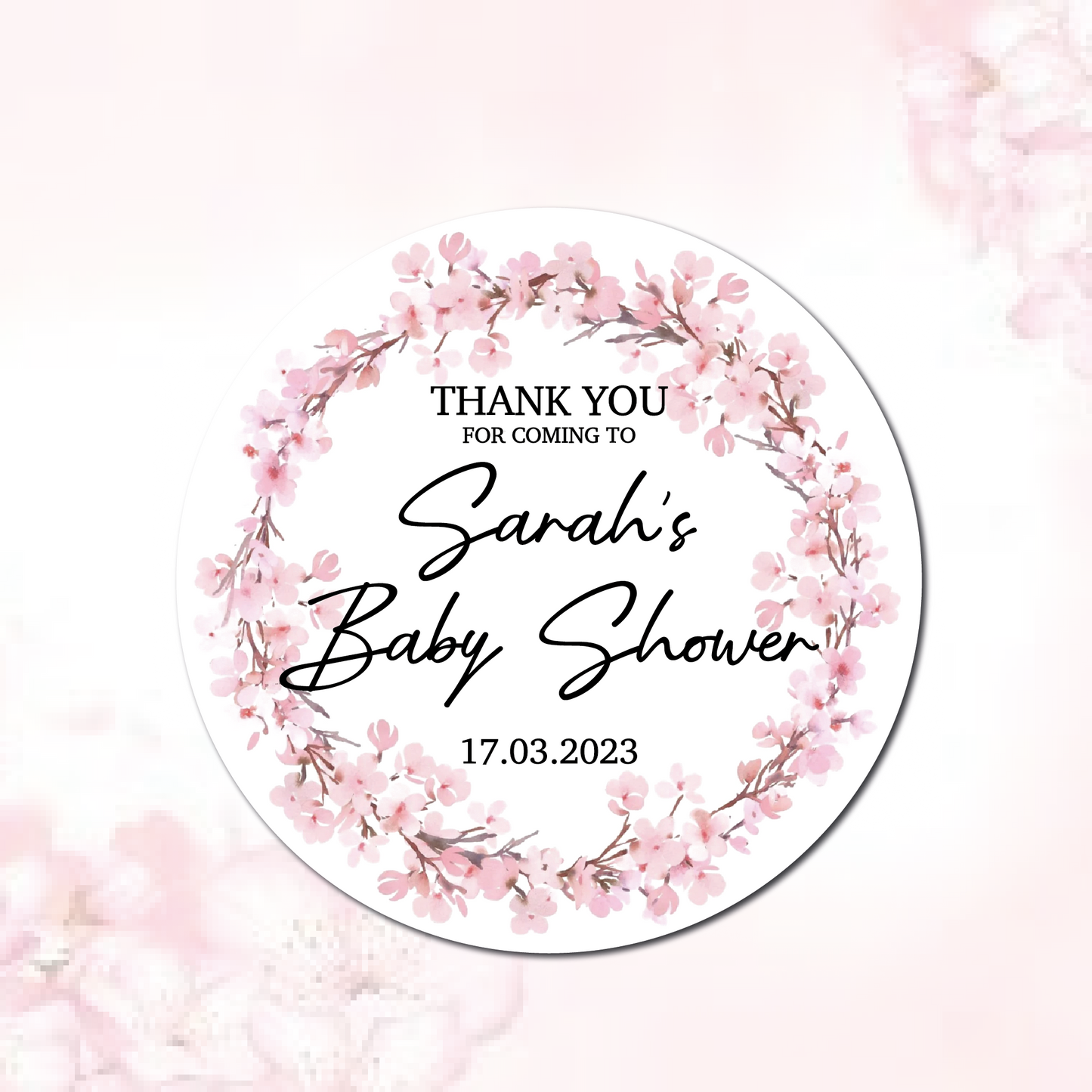 Cherry Blossom Baby Shower Stickers I Customisable text date name I Thank you favours labels