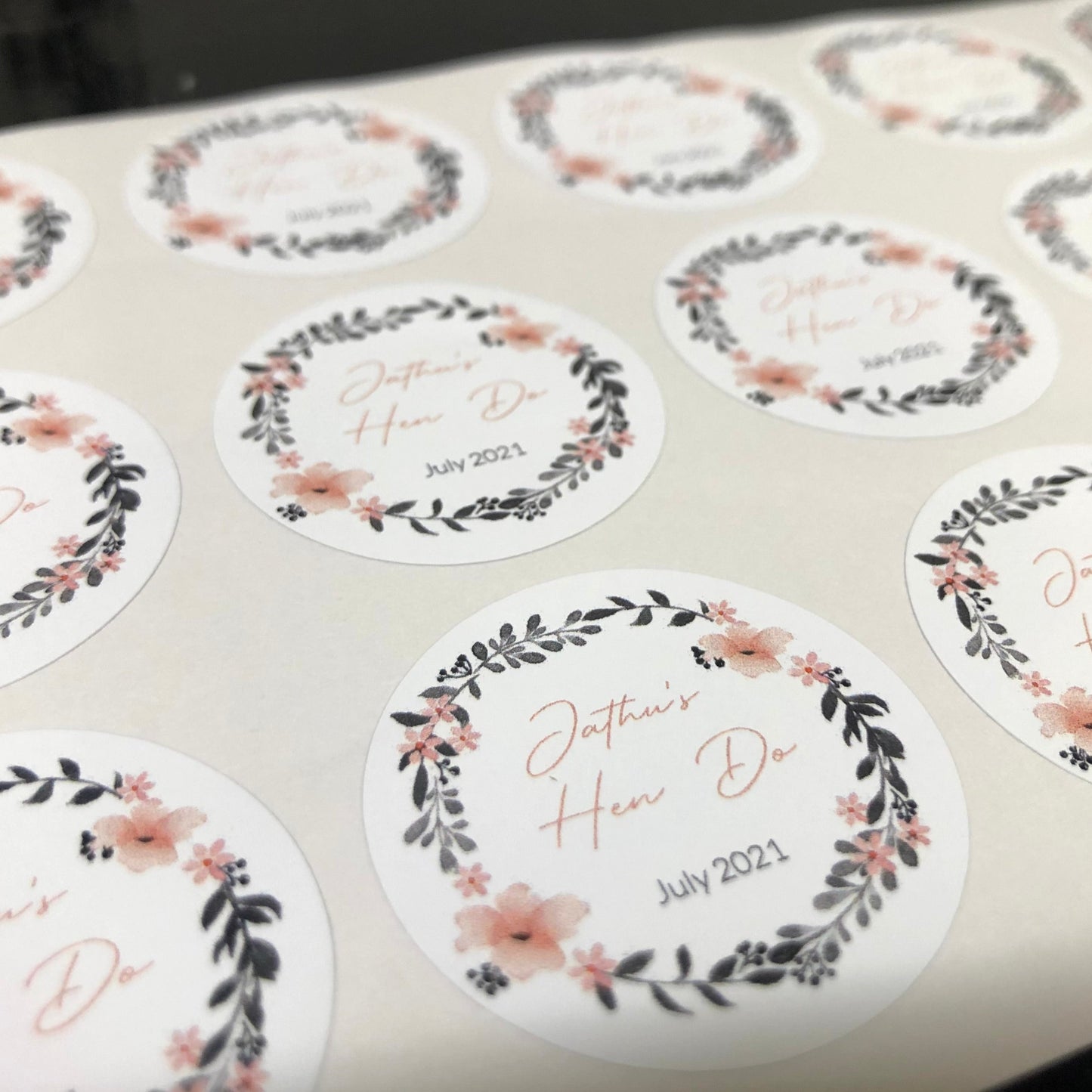 Pale Rose Gold Flowers wreath | HEN PARTY Stickers I Personalised Bridesmaid Wedding