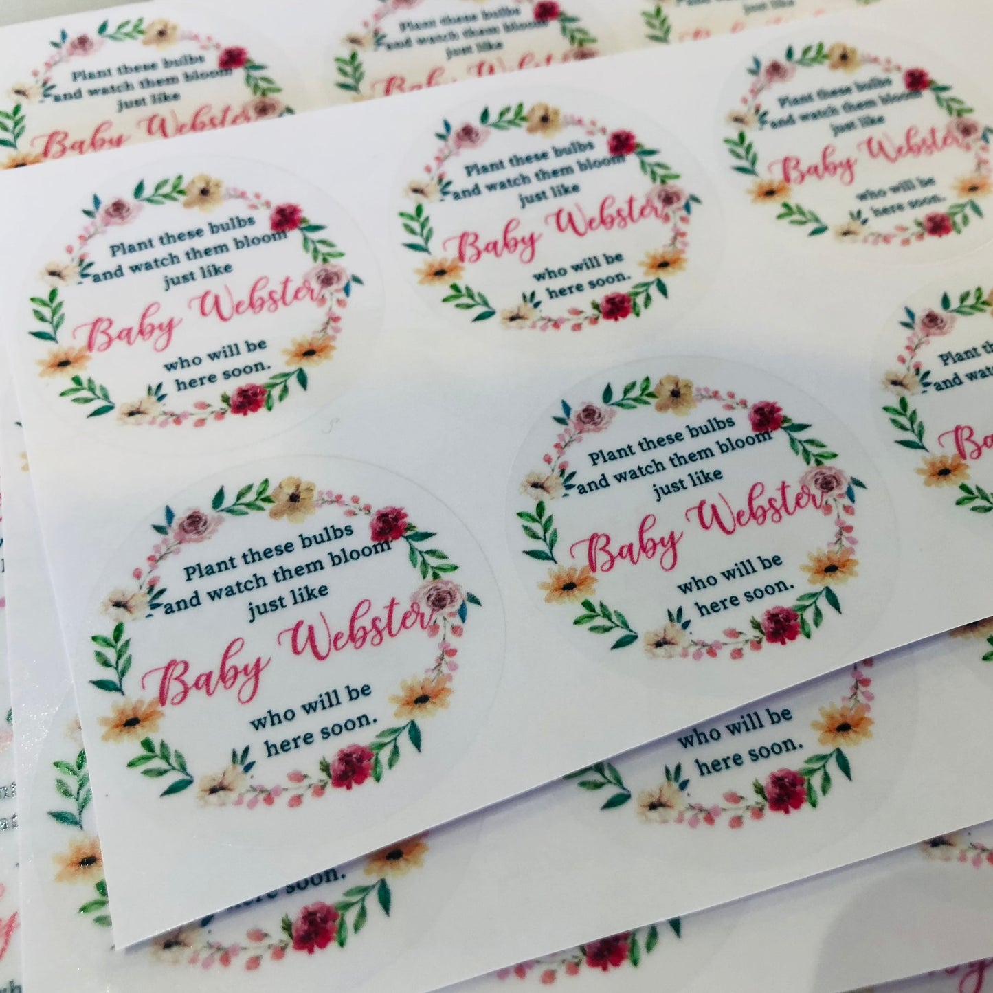 Summer flowers wreath I Personalised Text I Any occasions I Baby Shower Hen Party Wedding Birthday Stickers