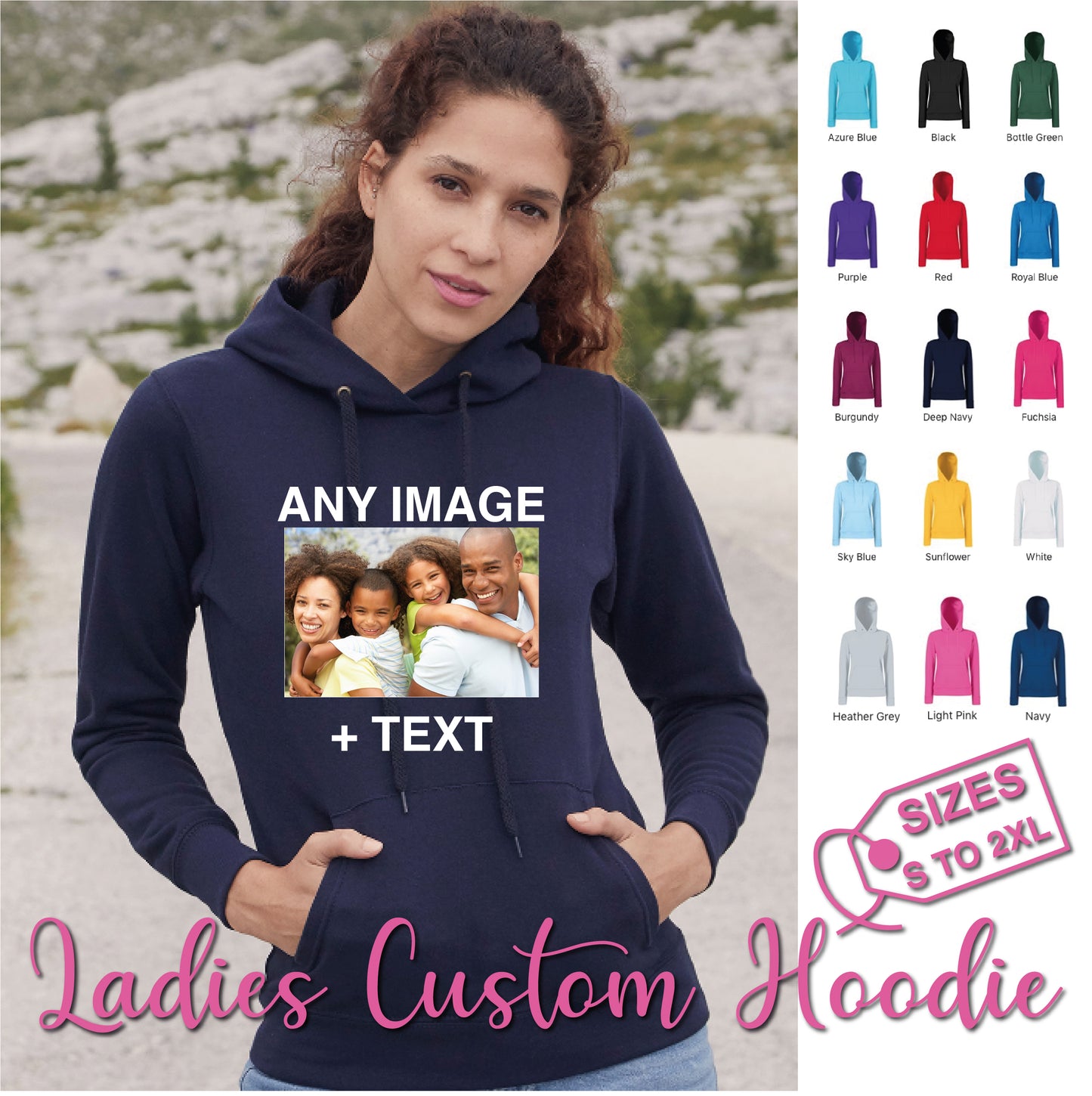 Personalised Ladies Printed Hoodie | Photo Text Slogan Logo | Make your own | Gift idea | Unisex