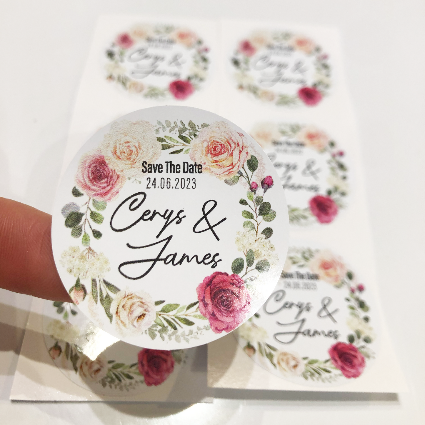 Roses in bloom Wedding theme stickers I Personalised Save the date Named Stickers