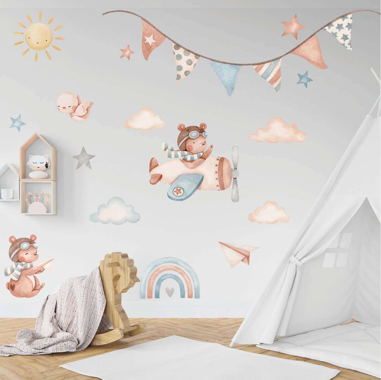 Watercolour Planes and Pilots bears | Airplane Sky Wall Mural | Cute Wall Stickers | Nursery Bedroom Decoration