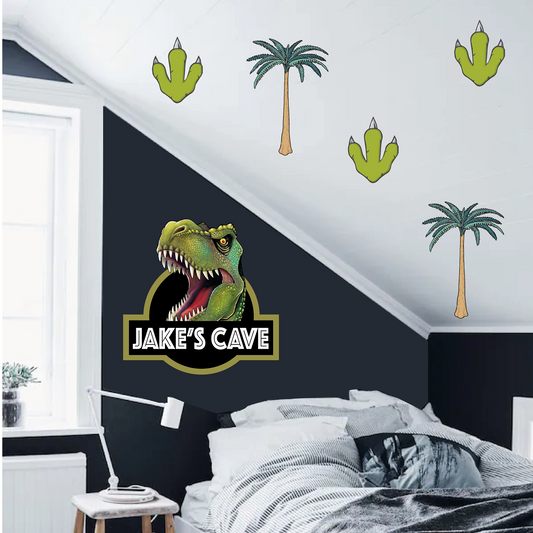 Jurassic Cave & Dinosaur paw prints Bedroom decor I Personalised Name Teen Kids Wall Sticker I Girls Boys Feature Wall Art