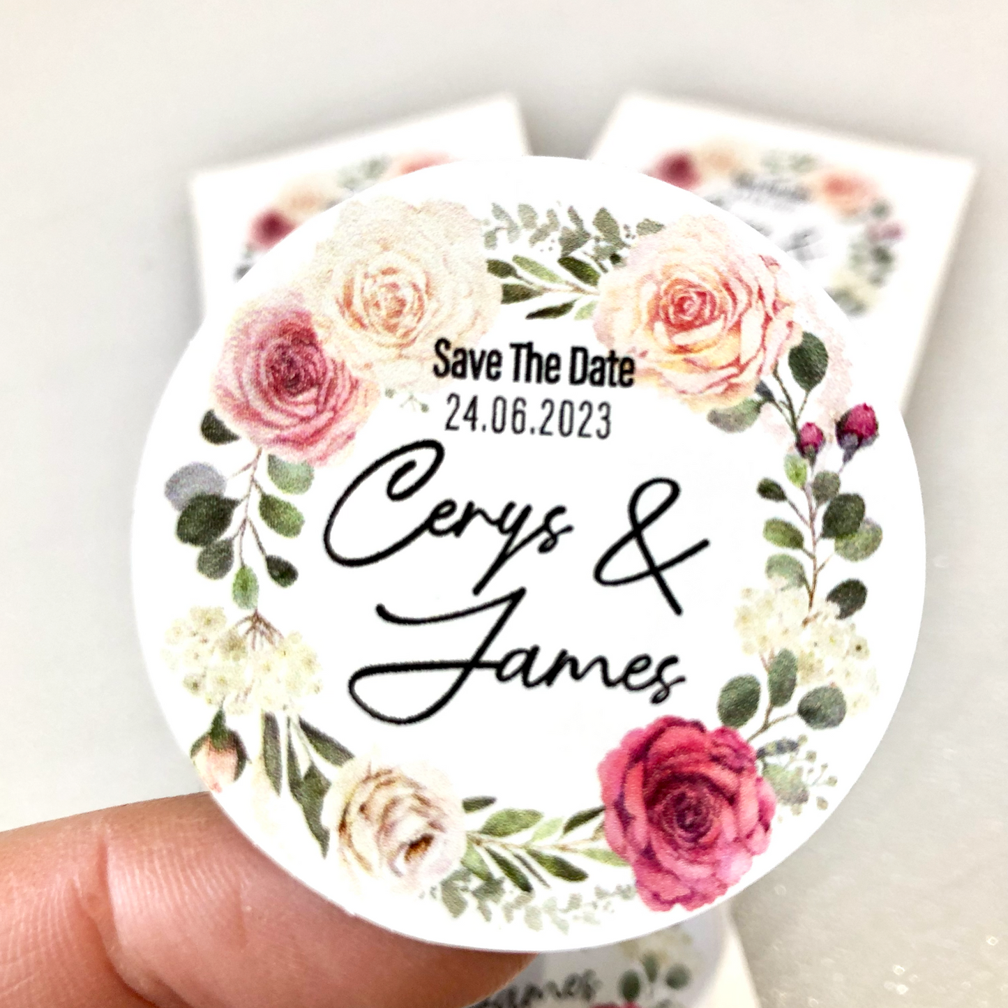 Roses in bloom Wedding theme stickers I Personalised Save the date Named Stickers