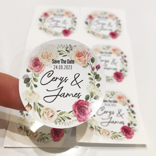 Roses in bloom Wedding theme stickers I Personalised Save the date Named Stickers