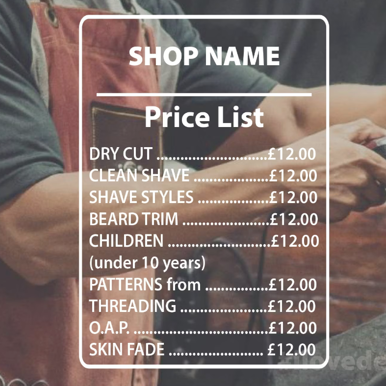 Window glass Price list sticker
