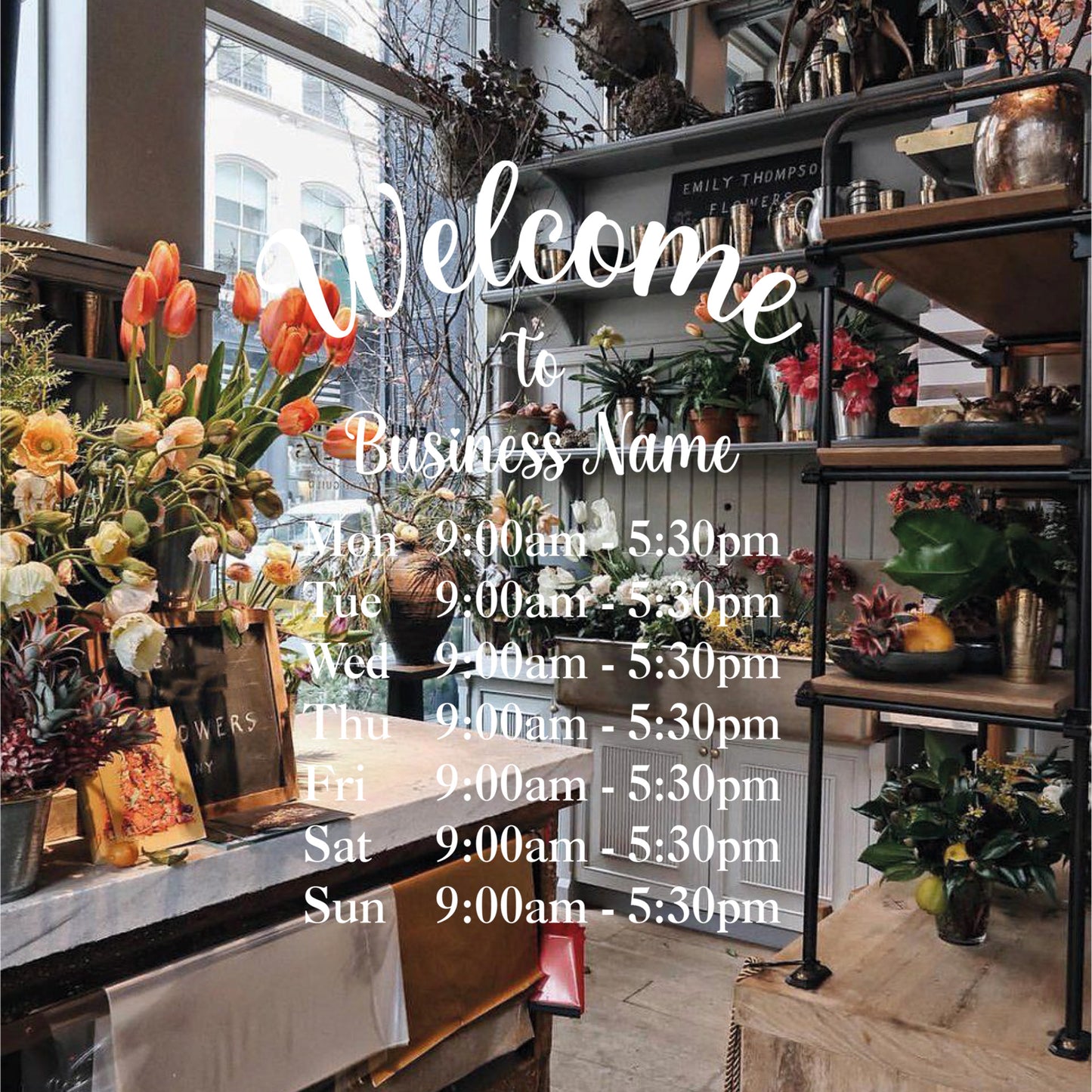 Fancy Script Opening Hours | Door Sticker Window Decal | Business Door Welcome Sign